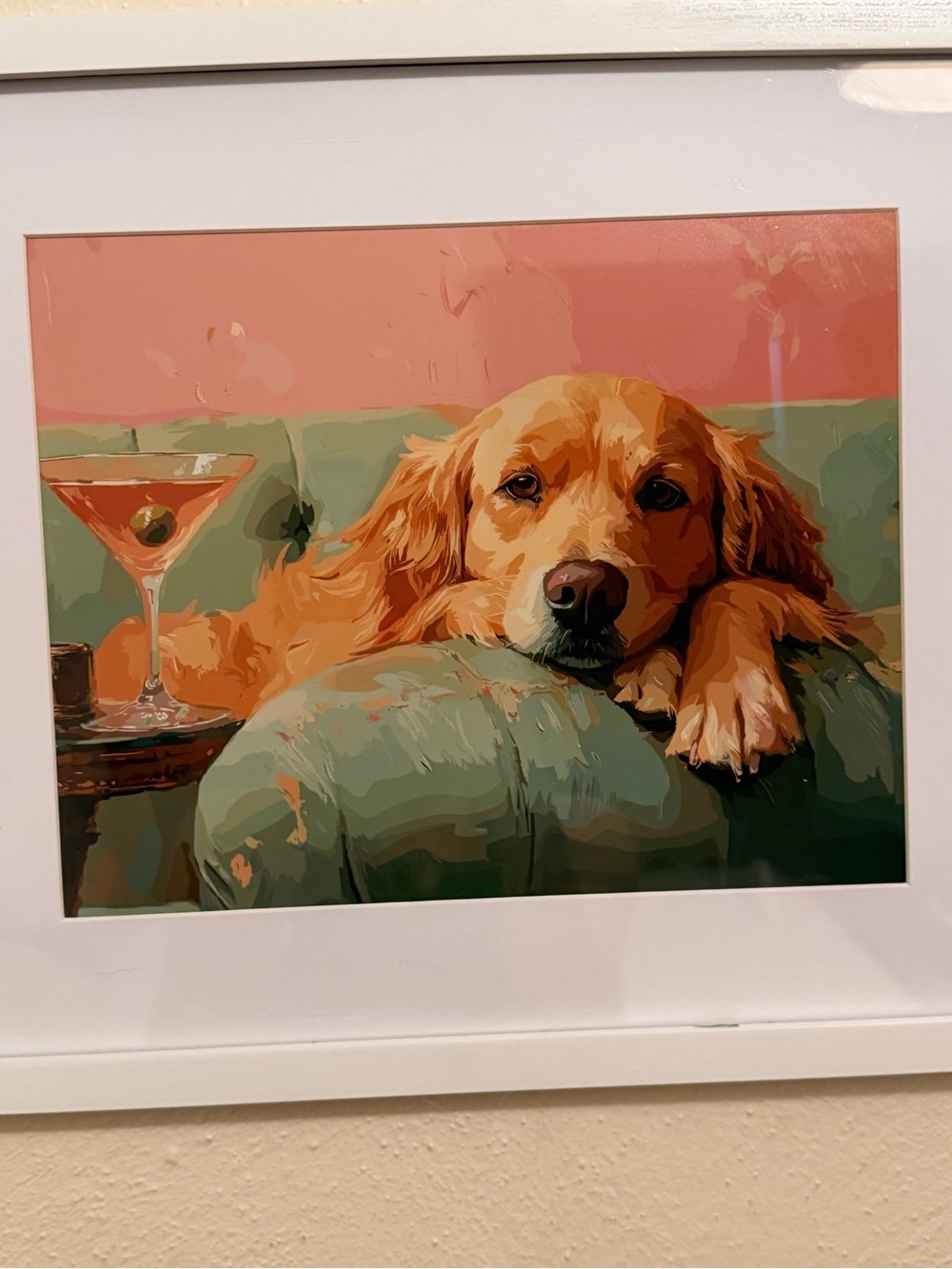 Whimsical Golden Retriever Dog Art Print – White 11x14 Framed Wall Decor